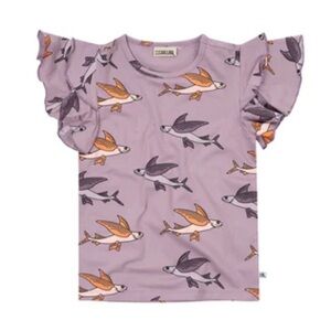Kids' Ruffle Sleeve Top with Flying Fish Design - Lavender
